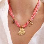 Vintage Hammered Heart Tie Choker - Pink & Peach Gradient Ribbon Necklace - Handcrafted Textured Charm Jewelry - Image 4