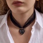 Adjustable Sheer Black Fabric Choker - Large Gothic Heart Pendant with Cross - Versatile Tie Necklace for Concerts & Parties - Image 3