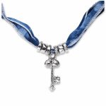 DIY Charm Bar Base: Blue Tie-Dye Ribbon Necklace - Silver Key & Beads Choker - Adjustable Versatile Fabric Jewelry - Image 3