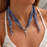 DIY Charm Bar Base: Blue Tie-Dye Ribbon Necklace - Silver Key & Beads Choker - Adjustable Versatile Fabric Jewelry - Image 2