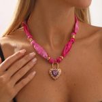 Vintage Inspired Pink Fabric Choker - Ornate Gold Heart Padlock Statement Necklace - Adjustable Silk Tie Choker Jewelry - Image 6